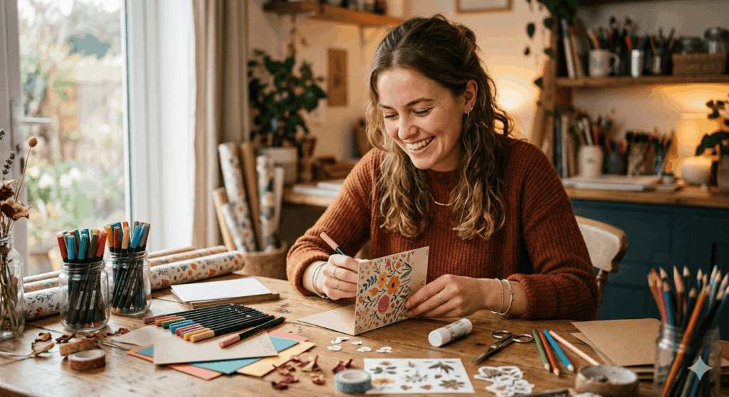 glueckliche Frau bastelt Karte die-edle-karte.de Sidebar 1