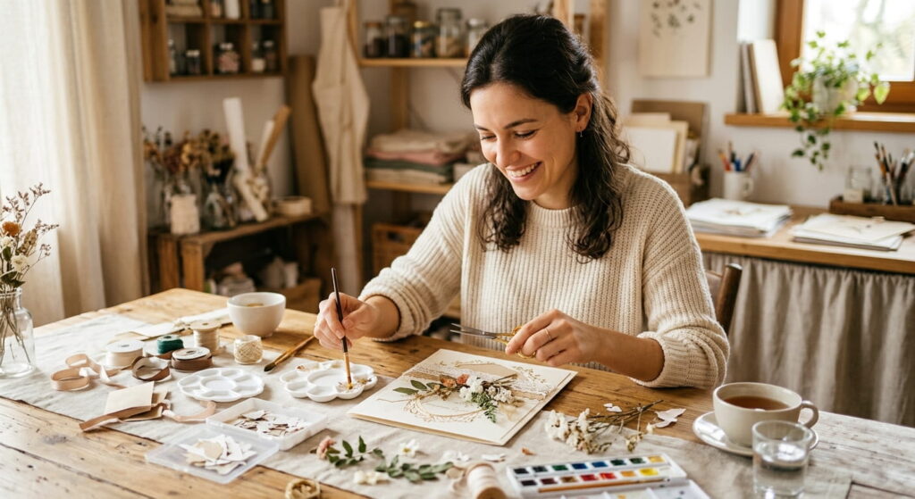 Glückliche Frau bastelt Hochzeitskarte die-edle-karte.de Sidebar
